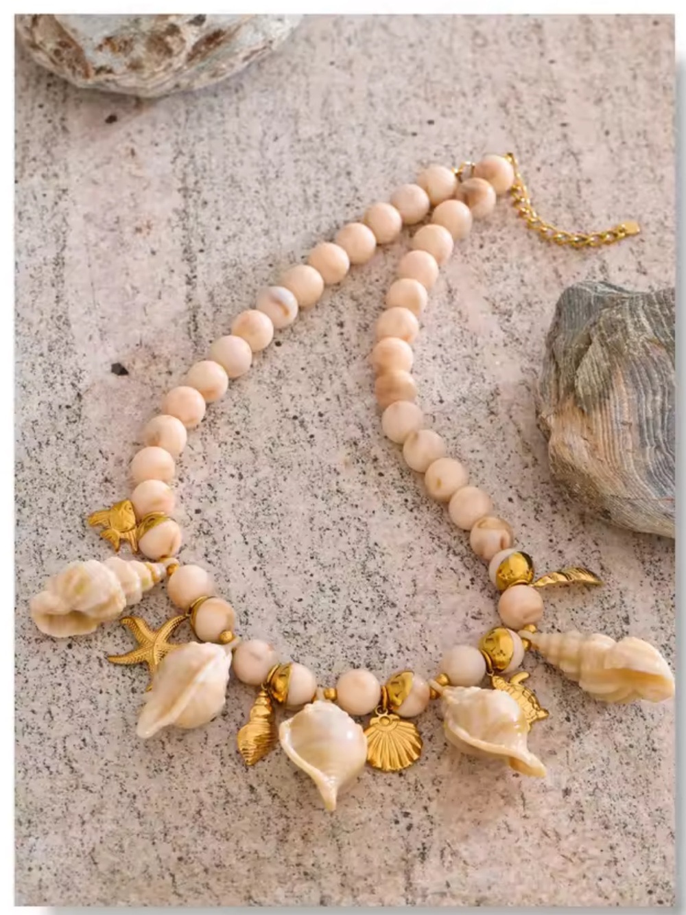 Coastel Cream Gold Shell Charm Beaded Necklace - Picture 4 of 12